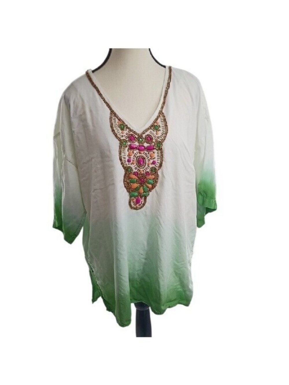 Chico's Tunic Blouse Women's M 12/14 Green White Ombre Beaded Rayon 3/4 Sleeve